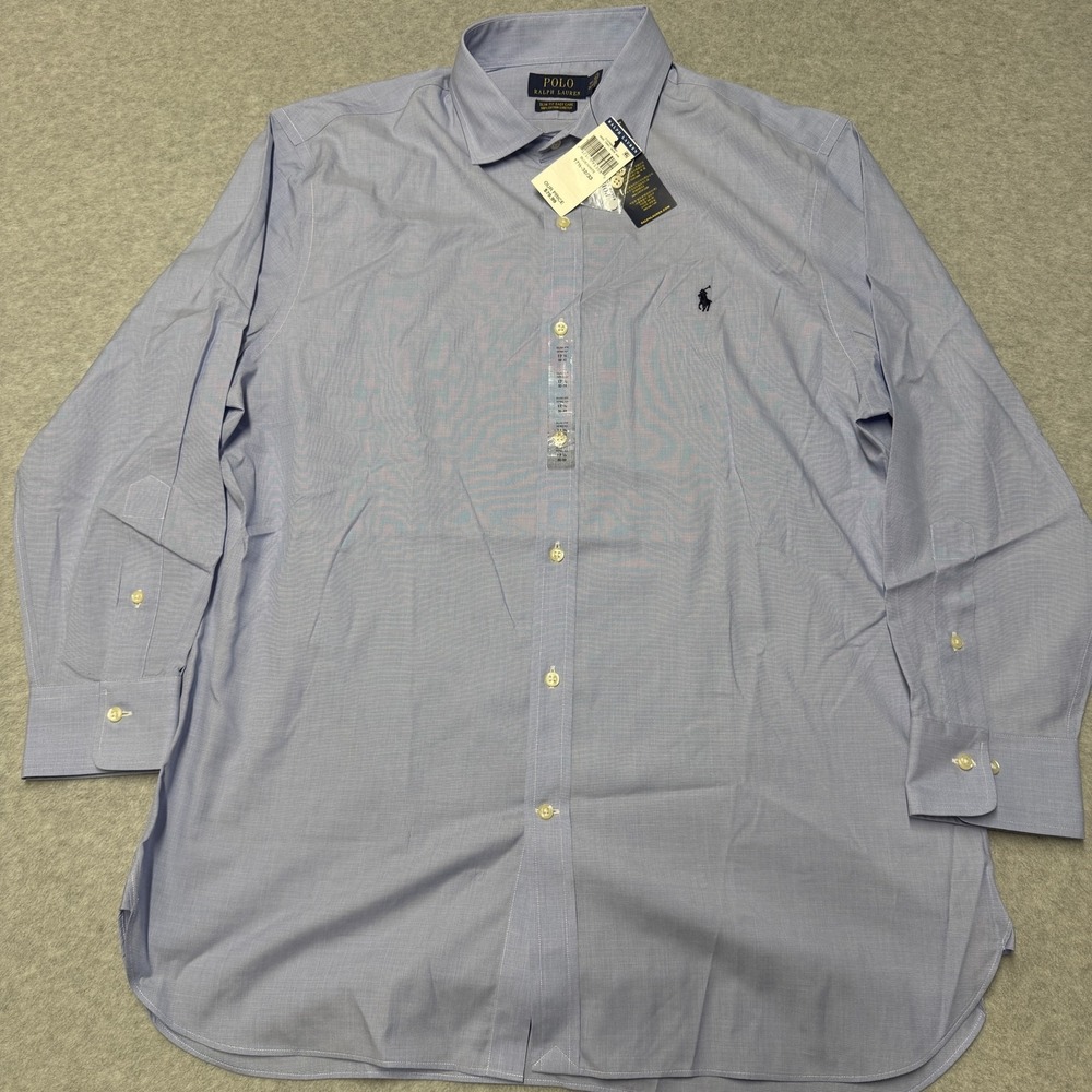 Polo Ralph Lauren Dress Shirt Mens 17.5 32/33 Blue Check Slim Easy Care Stretch
